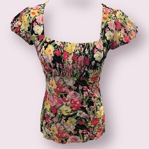 Y2K Floral Babydoll Milkmaid Mesh Top Sz XXS Floral Puff Sleeves Square Neckline